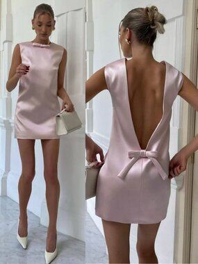 Helsa Heavy Satin Mini Dress Pale Pink Bow Open Back Shift Size M
